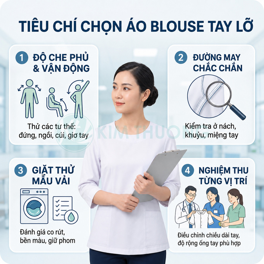 Nhân viên y tế mặc áo blouse tay lỡ màu trắng cầm bảng kẹp, minh họa tiêu chí chọn áo blouse