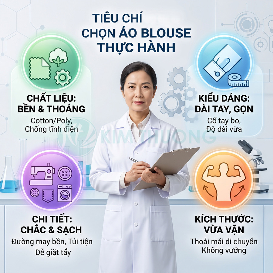 Nữ bác sĩ mặc áo blouse thực hành trắng cầm clipboard, minh họa các tiêu chí chọn áo blouse bền thoáng gọn sạch