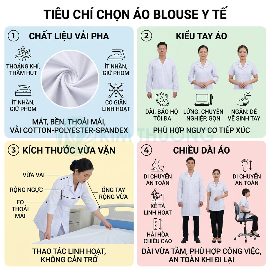 Tiêu chí chọn áo blouse y tế: chất liệu vải pha, kiểu tay áo, kích thước và chiều dài phù hợp