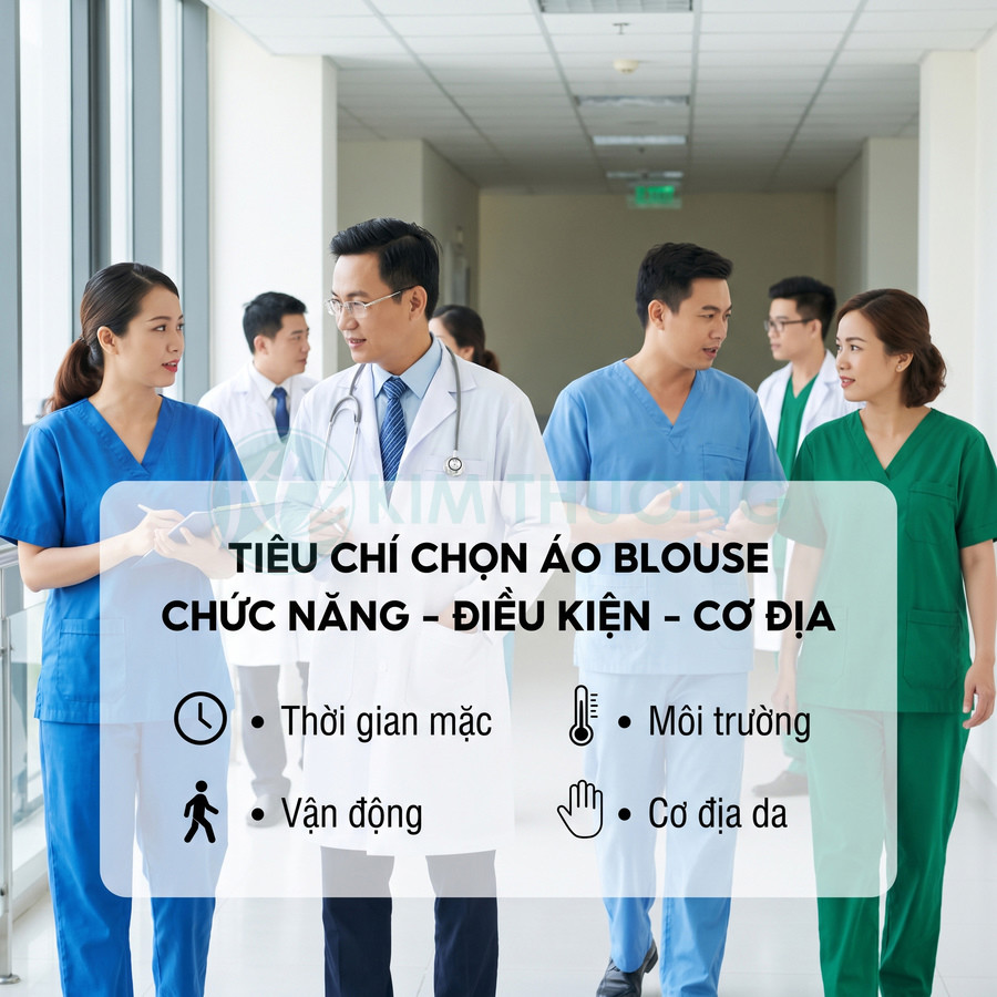 Các bác sĩ mặc áo blouse trắng và đồng phục y tế màu xanh, minh họa tiêu chí chọn áo blouse phù hợp-vesm
