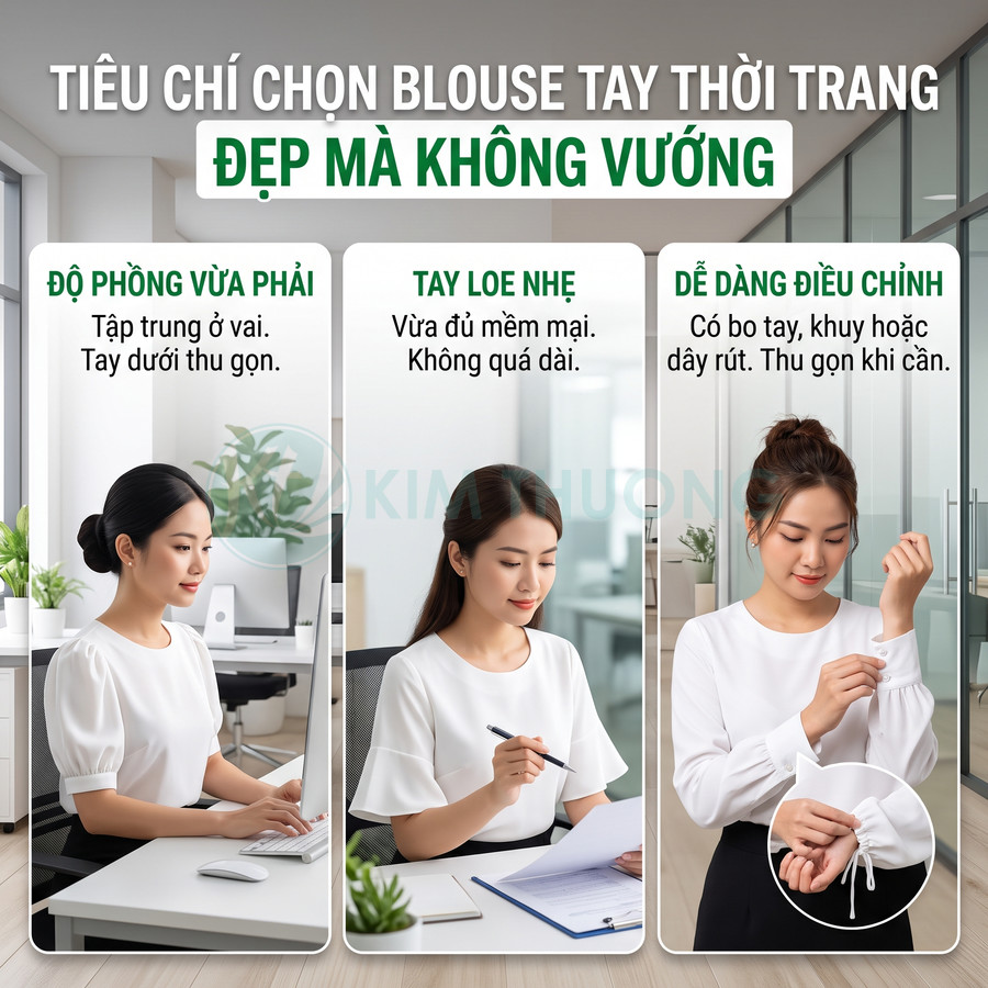 Blouse tay trắng công sở cho nữ, tay phồng nhẹ và tay loe, dễ điều chỉnh bo tay, phù hợp làm việc văn phòng