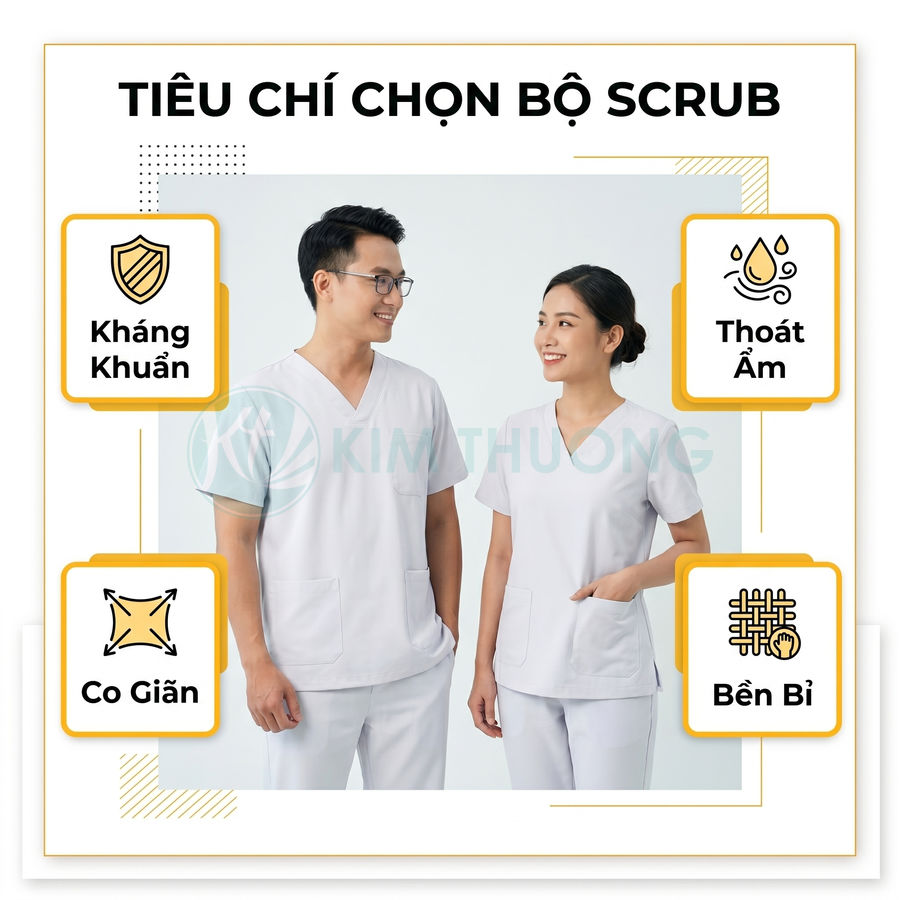 Bộ scrub y tế màu trắng cho nam và nữ, chất liệu co giãn, kháng khuẩn, thoát ẩm, bền bỉ