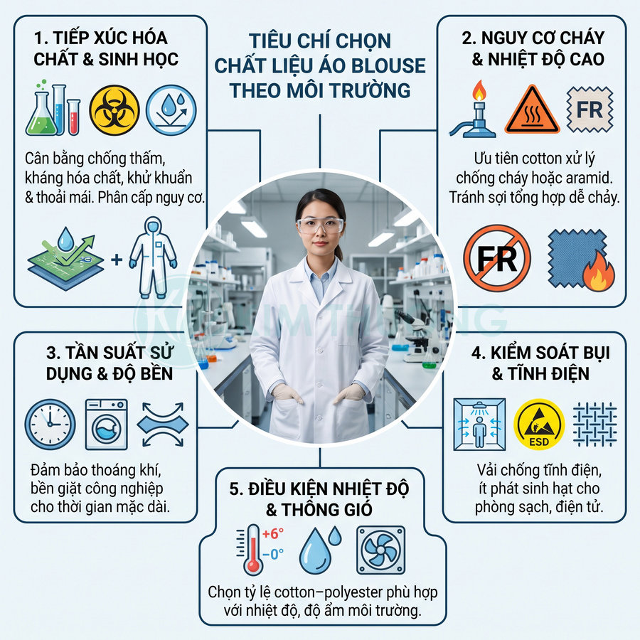 Tiêu chí chọn chất liệu áo blouse phòng thí nghiệm theo môi trường làm việc, gồm chống hóa chất, chống cháy, độ bền, chống tĩnh điện và thông gió