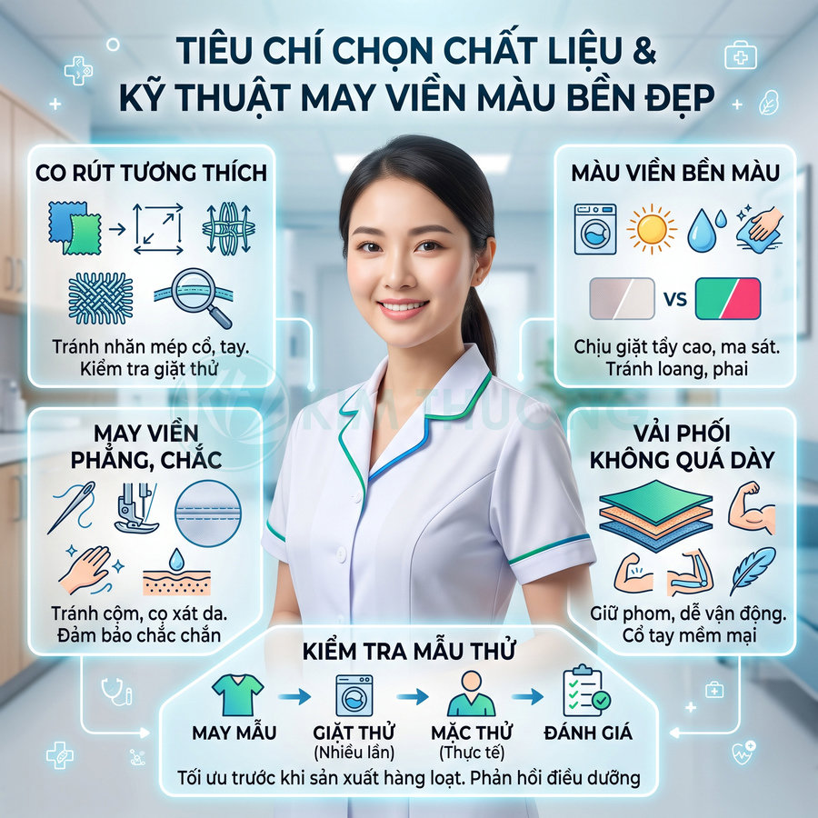 Đồng phục y tá nữ viền màu xanh trắng, chất liệu bền đẹp, may viền phẳng chắc, vải phối không quá dày