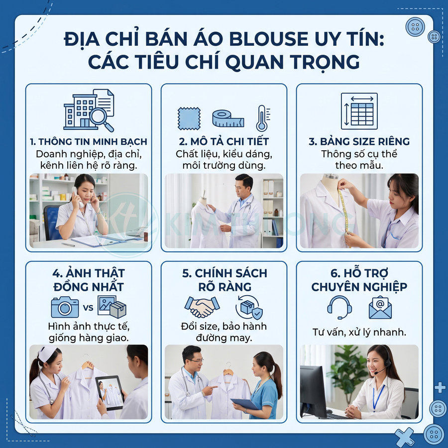 Các tiêu chí chọn nơi bán áo blouse uy tín gồm thông tin minh bạch, mô tả chi tiết, bảng size, ảnh thật, chính sách rõ ràng và hỗ trợ chuyên nghiệp.