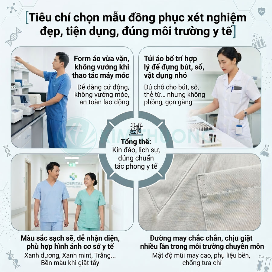 Tiêu chí chọn đồng phục xét nghiệm y tế đẹp, tiện dụng với form vừa vặn, màu sắc sạch sẽ và đường may chắc chắn