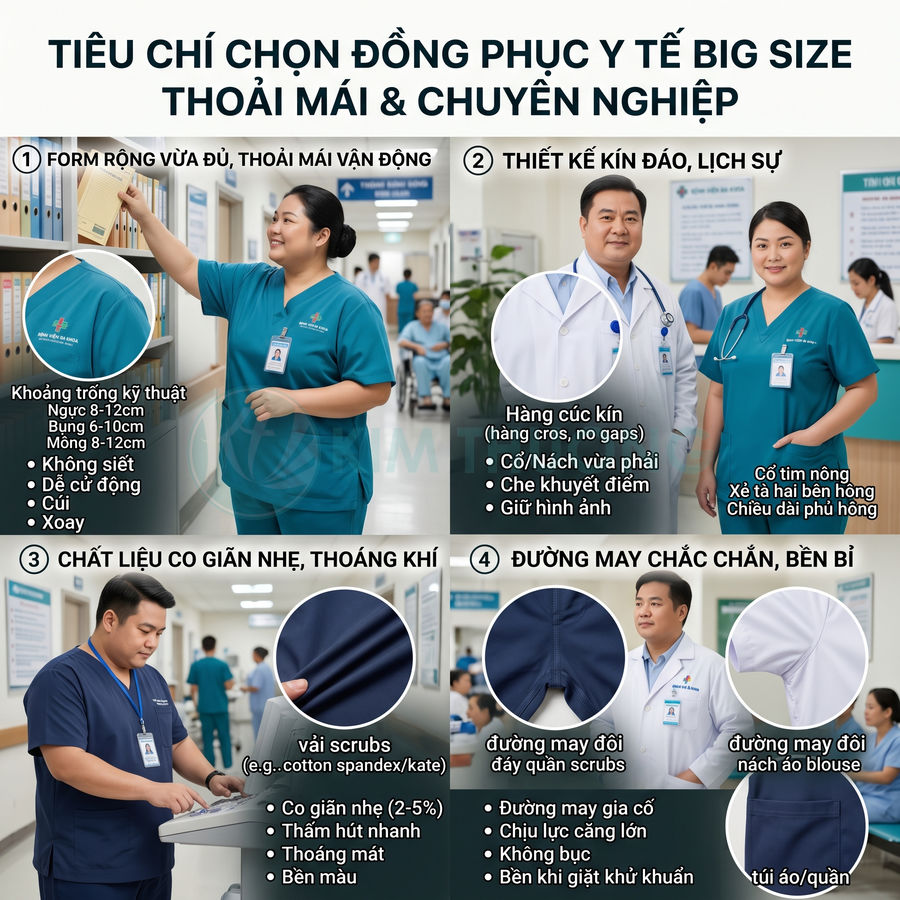 Đồng phục y tế big size màu xanh cho bác sĩ, y tá với chất liệu co giãn, thiết kế kín đáo và đường may chắc chắn