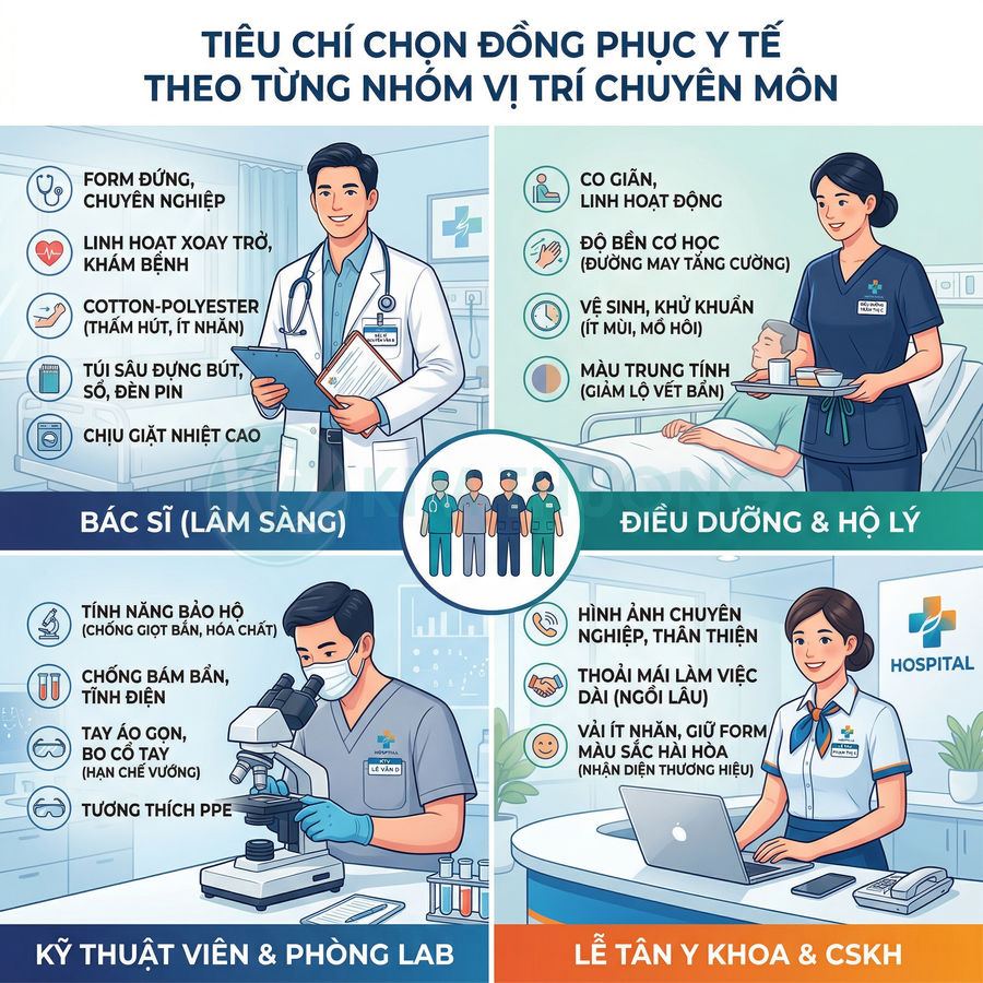 Infographic tiêu chí chọn đồng phục y tế cho bác sĩ, điều dưỡng, kỹ thuật viên phòng lab và lễ tân bệnh viện