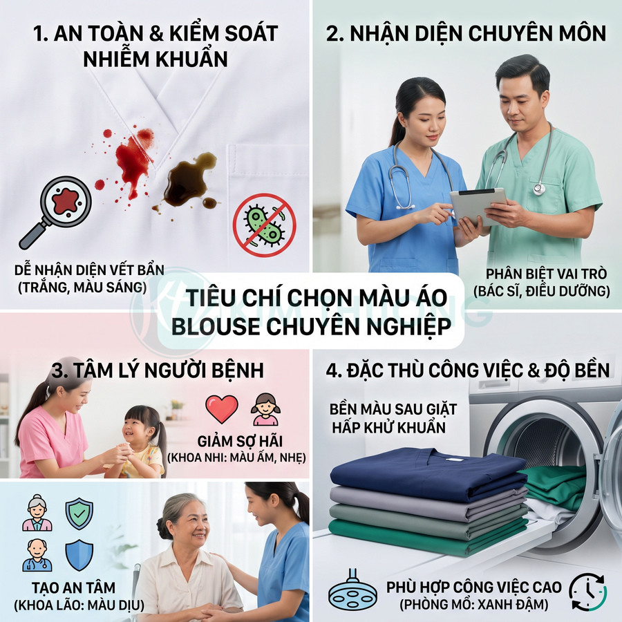 Tiêu chí chọn màu áo blouse y tế chuyên nghiệp với bác sĩ, điều dưỡng và áo phông scrub nhiều màu