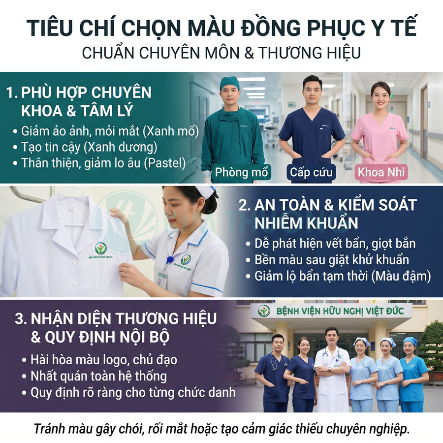 Đồng phục y tế nhiều màu cho bác sĩ và y tá bệnh viện Hữu Nghị Việt Đức, nhấn mạnh tiêu chí chọn màu chuyên môn và thương hiệu