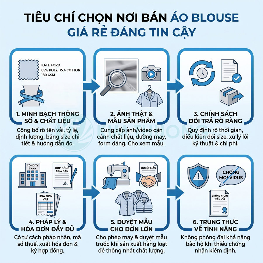 Tiêu chí chọn nơi bán áo blouse giá rẻ: minh bạch chất liệu, ảnh thật, đổi trả rõ ràng, pháp lý đầy đủ và duyệt mẫu.