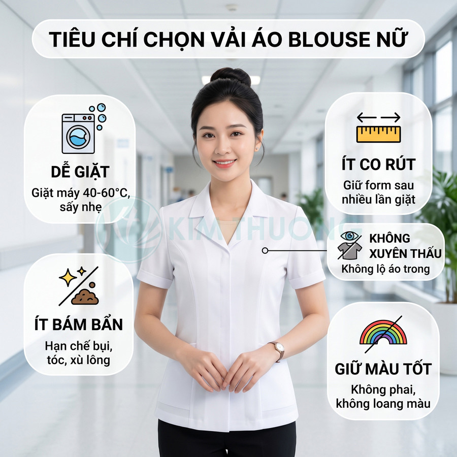 Nữ nhân viên y tế mặc áo blouse trắng đứng trong hành lang bệnh viện, minh họa các tiêu chí chọn vải áo blouse nữ