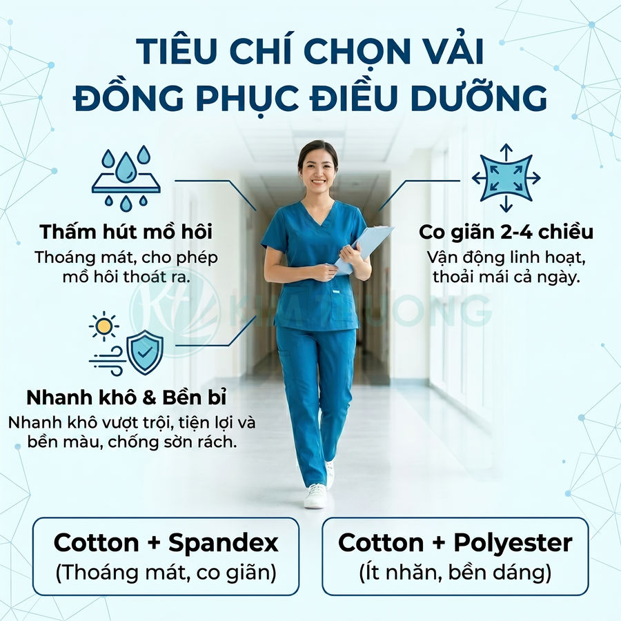Đồng phục điều dưỡng màu xanh chất liệu cotton co giãn, thấm hút mồ hôi, nhanh khô và bền đẹp