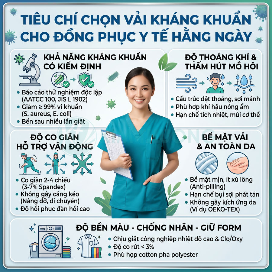 Nữ nhân viên y tế mặc đồng phục scrub xanh cầm hồ sơ, minh họa tiêu chí chọn vải kháng khuẩn cho đồ y tế hằng ngày