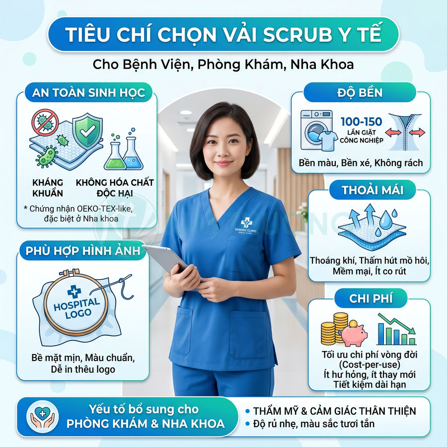 Nữ nhân viên y tế mặc bộ scrub y tế màu xanh dương đứng trong hành lang bệnh viện cầm máy tính bảng