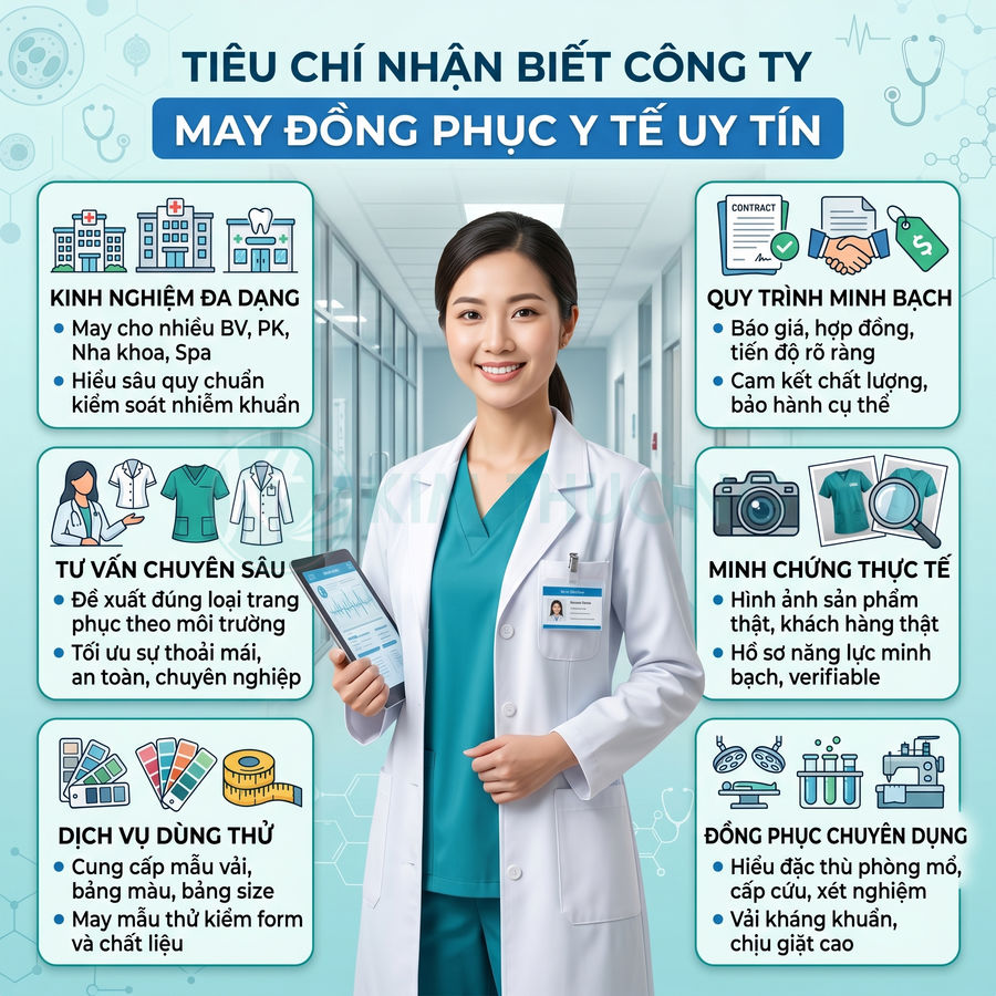Nữ bác sĩ mặc đồng phục y tế màu xanh và áo blouse trắng cầm tablet đứng trong hành lang bệnh viện
