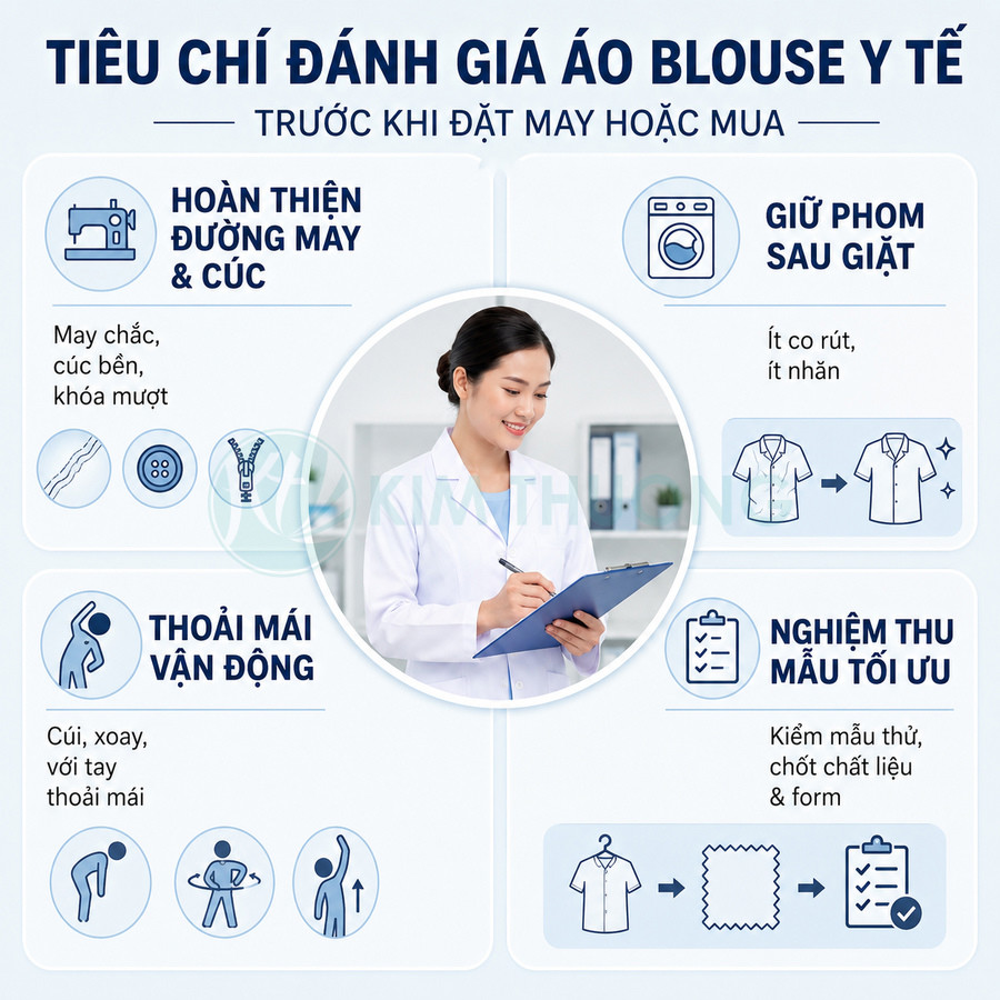 Tiêu chí đánh giá áo blouse y tế: đường may chắc, giữ phom sau giặt, thoải mái vận động, nghiệm thu mẫu tối ưu