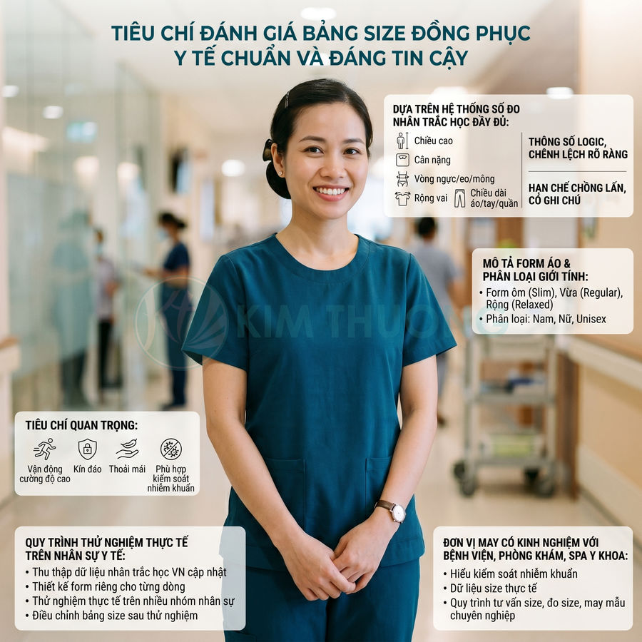 Nữ nhân viên y tế mặc đồng phục scrub màu xanh dương đứng trong hành lang bệnh viện