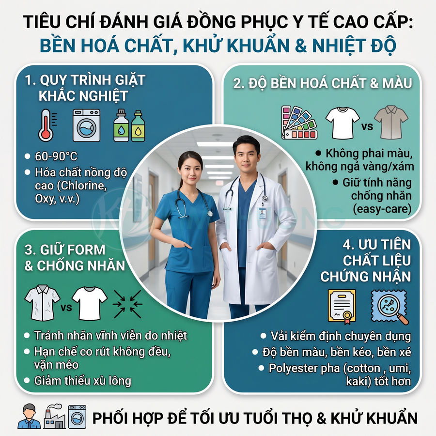 Đồng phục y tế cao cấp cho bác sĩ và y tá, chất liệu bền hóa chất, giữ màu, chống nhăn và dễ khử khuẩn