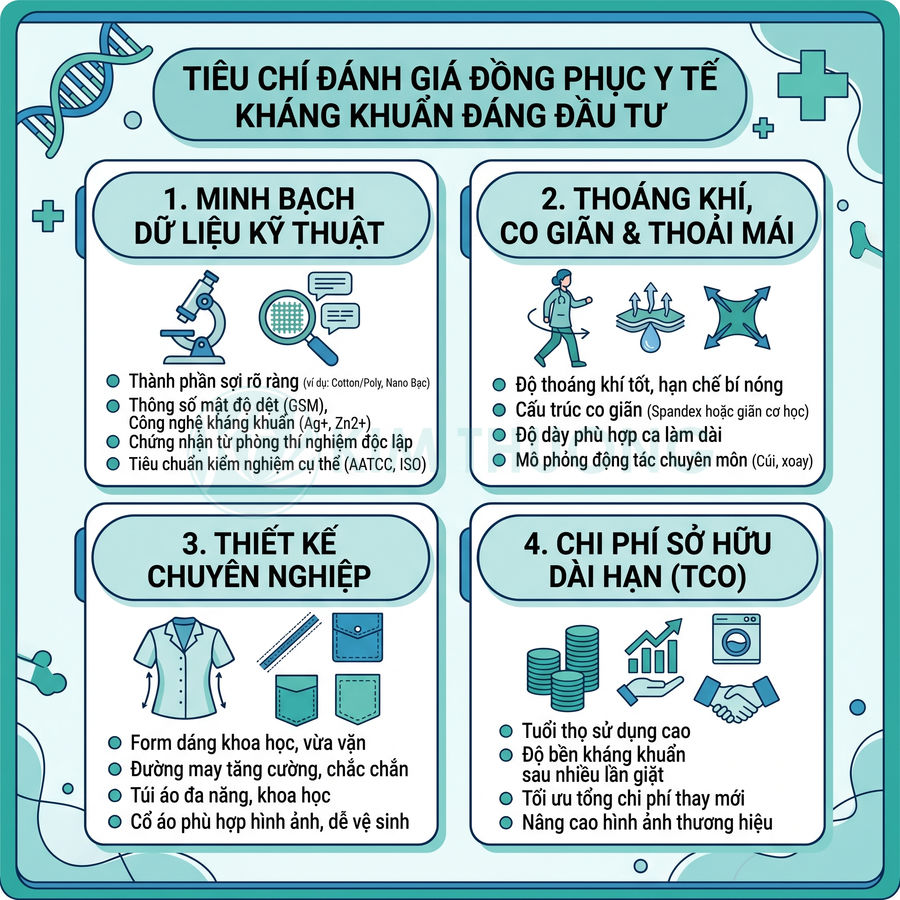 Tiêu chí đánh giá và lợi ích của đồng phục y tế kháng khuẩn chuyên nghiệp, thoáng khí, co giãn, bền và tiết kiệm chi phí