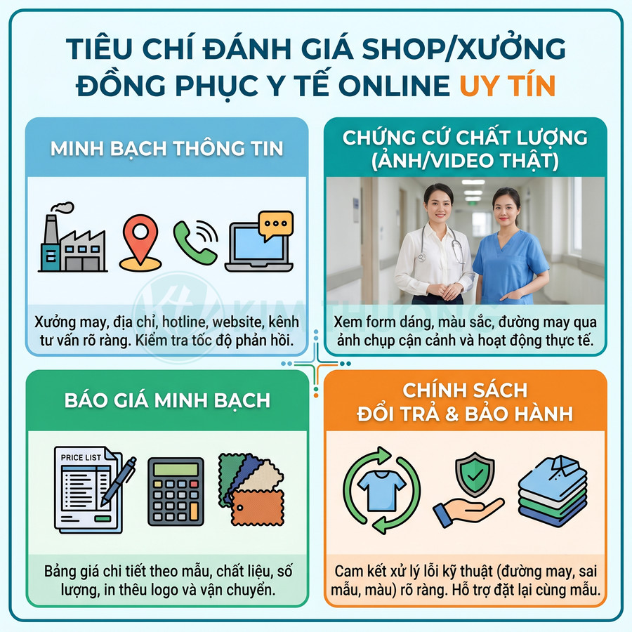 Tiêu chí đánh giá shop xưởng đồng phục y tế online uy tín với minh bạch thông tin, báo giá, chất lượng và bảo hành