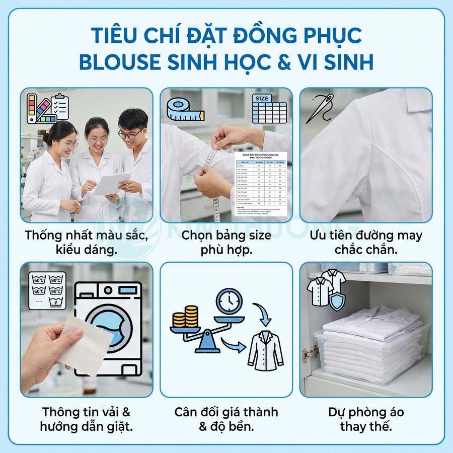 Các tiêu chí đặt đồng phục blouse sinh học và vi sinh, từ chọn kiểu dáng, size, chất liệu đến đường may chắc chắn.