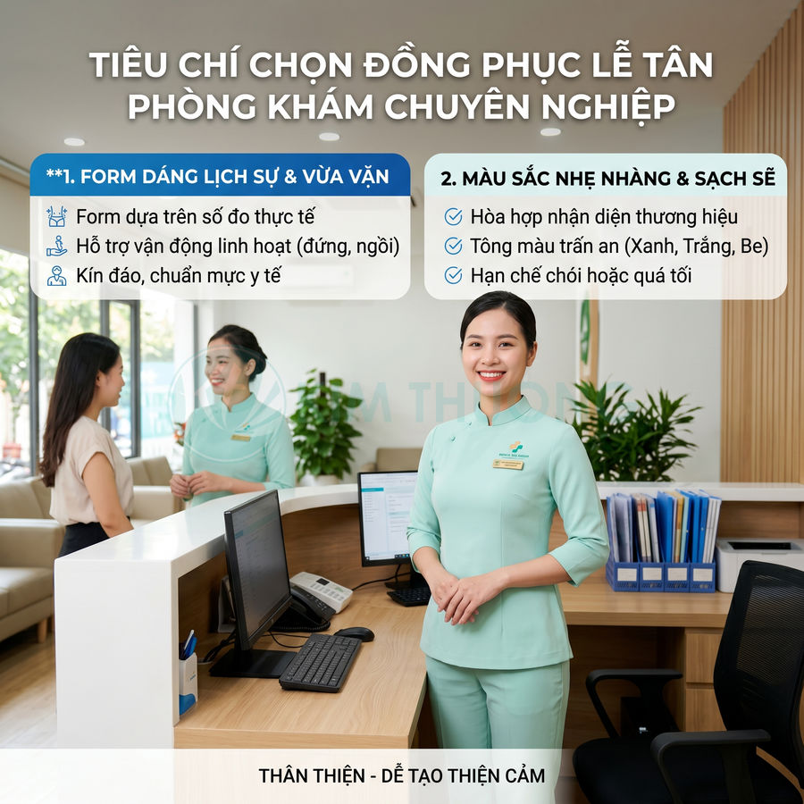 Nhân viên lễ tân phòng khám mặc đồng phục xanh pastel đứng tại quầy tiếp đón chuyên nghiệp
