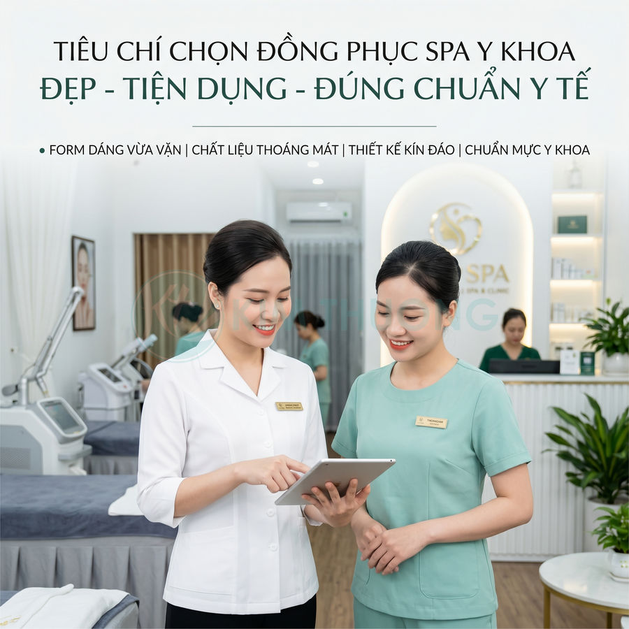 Nhân viên spa mặc đồng phục y khoa màu trắng và xanh mint tư vấn trên máy tính bảng trong không gian spa hiện đại