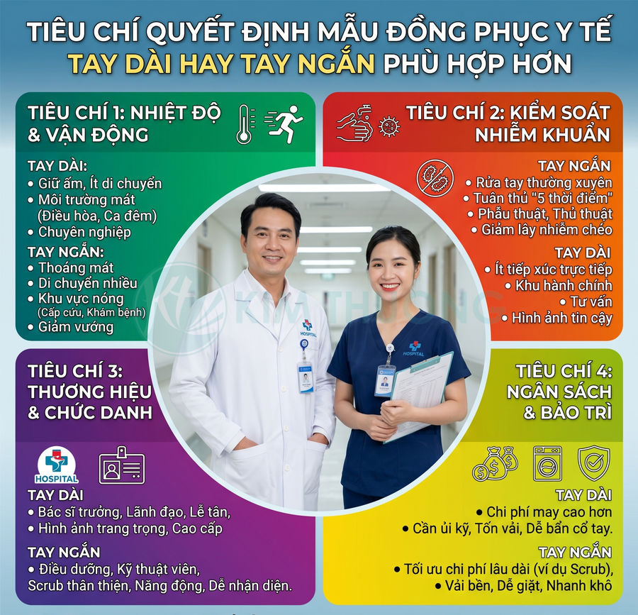 Bác sĩ mặc áo blouse tay dài và điều dưỡng mặc đồng phục y tế tay ngắn đứng trong hành lang bệnh viện