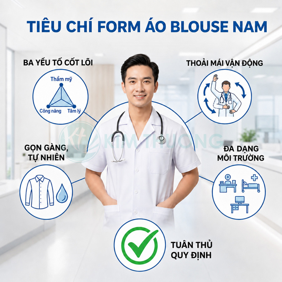 Bác sĩ nam mặc áo blouse trắng form chuẩn, gọn gàng thoải mái, phù hợp môi trường bệnh viện và tuân thủ quy định