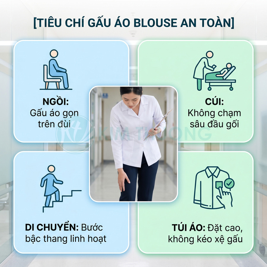 Áo blouse bác sĩ dáng ngắn gọn gàng, dễ ngồi cúi di chuyển, túi áo đặt cao không làm xệ gấu