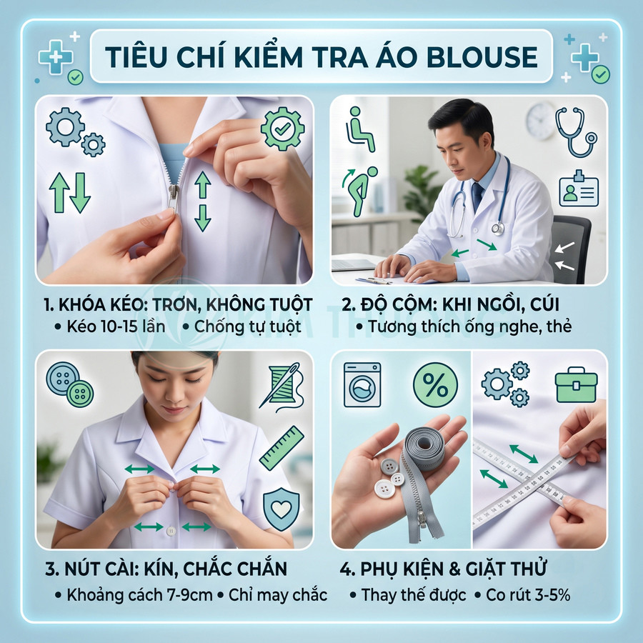 Tiêu chí kiểm tra áo blouse y tế với hình ảnh bác sĩ, khóa kéo, nút cài và phụ kiện đo kích thước