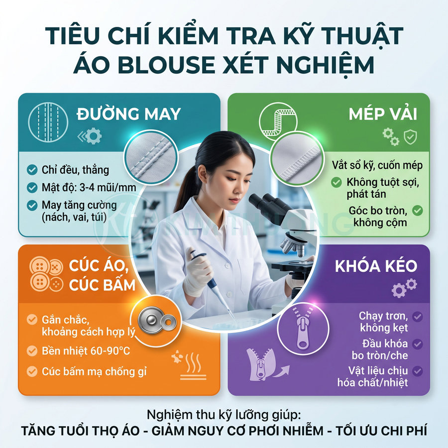Tiêu chí kiểm tra kỹ thuật áo blouse xét nghiệm với hình minh họa nữ kỹ thuật viên trong phòng lab