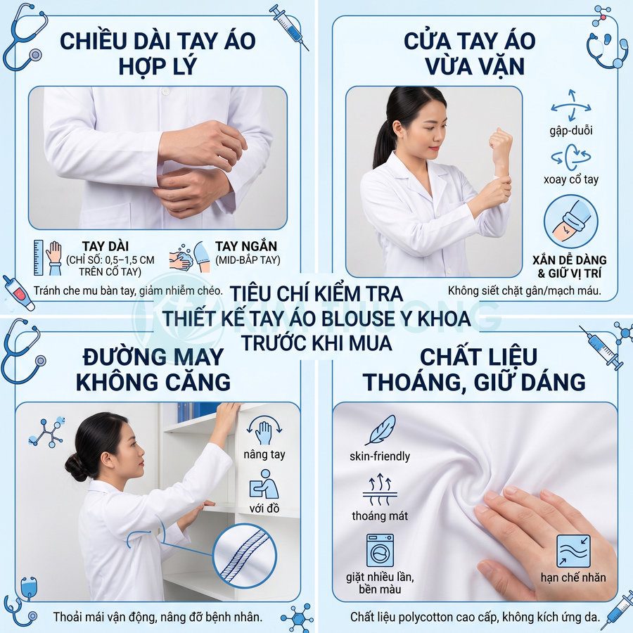 Áo blouse y khoa tay dài chất liệu polycotton thoáng mát, giữ dáng, đường may không căng, dễ vận động