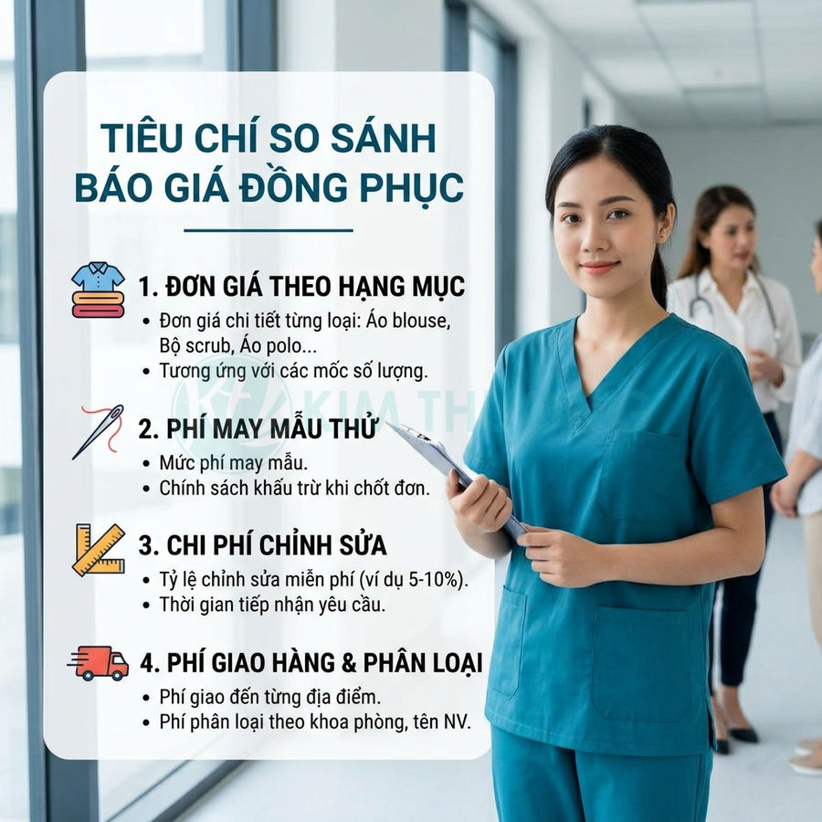 Nữ nhân viên y tế mặc đồng phục scrub màu xanh dương cầm hồ sơ đứng trong bệnh viện