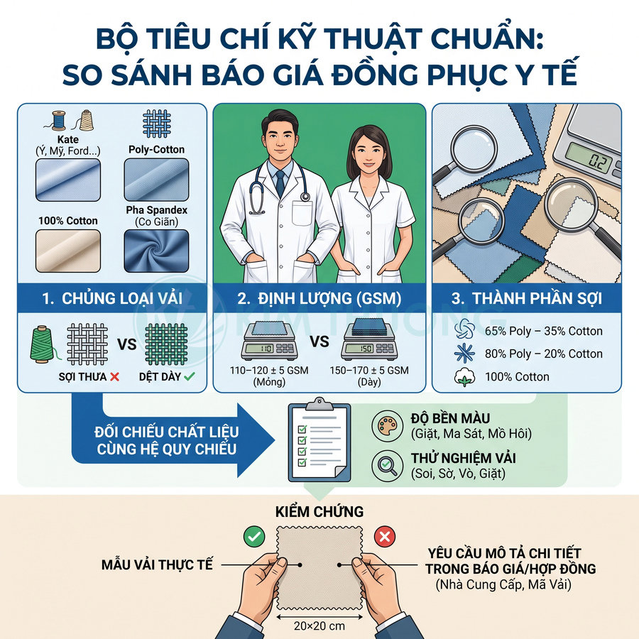 Bộ tiêu chí kỹ thuật so sánh báo giá vải đồng phục y tế về chủng loại, định lượng GSM, thành phần sợi và độ bền màu