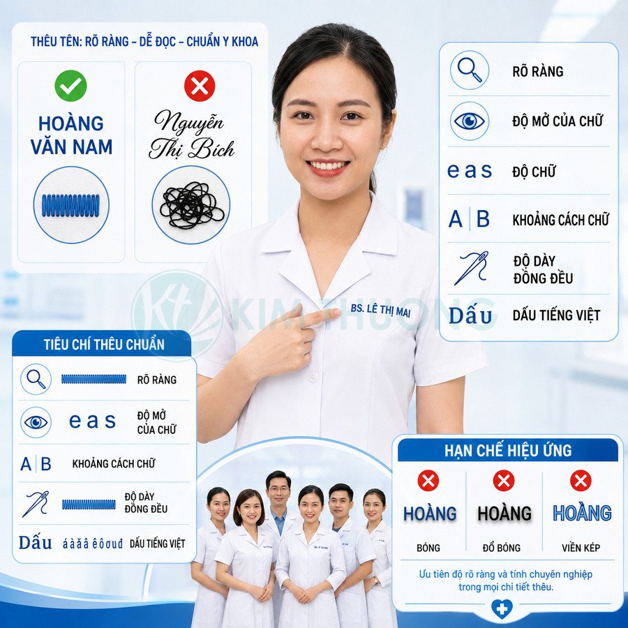 Bác sĩ mặc áo blouse trắng thêu tên rõ ràng chuẩn y khoa, nhóm bác sĩ phía dưới cùng áo thêu tên
