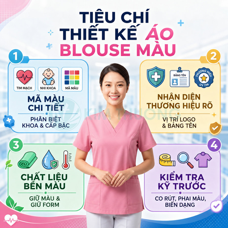 Nữ nhân viên y tế mặc áo blouse màu hồng đứng giữa các tiêu chí thiết kế áo blouse màu