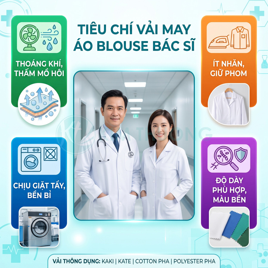 Áo blouse bác sĩ trắng chất liệu kaki kate cotton pha polyester thoáng khí ít nhăn chịu giặt tẩy và bền màu