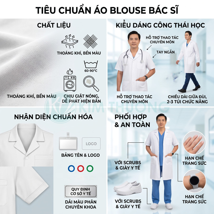 Áo blouse bác sĩ trắng chất liệu thoáng khí bền màu, thiết kế công thái học với nhiều túi tiện dụng
