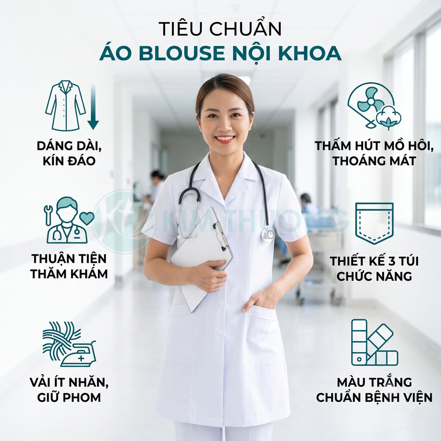 Bác sĩ nữ mặc áo blouse nội khoa trắng dáng dài kín đáo, cầm hồ sơ và ống nghe trong hành lang bệnh viện