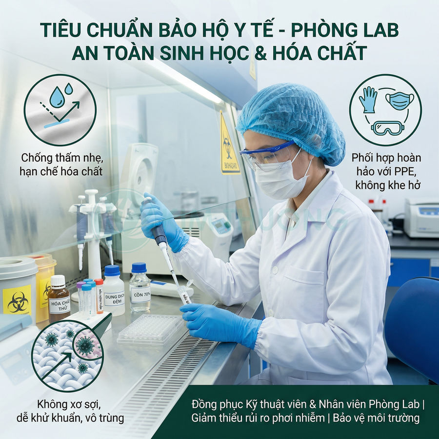 Nhân viên phòng lab mặc đồ bảo hộ y tế, khẩu trang, găng tay, thao tác thí nghiệm an toàn sinh học