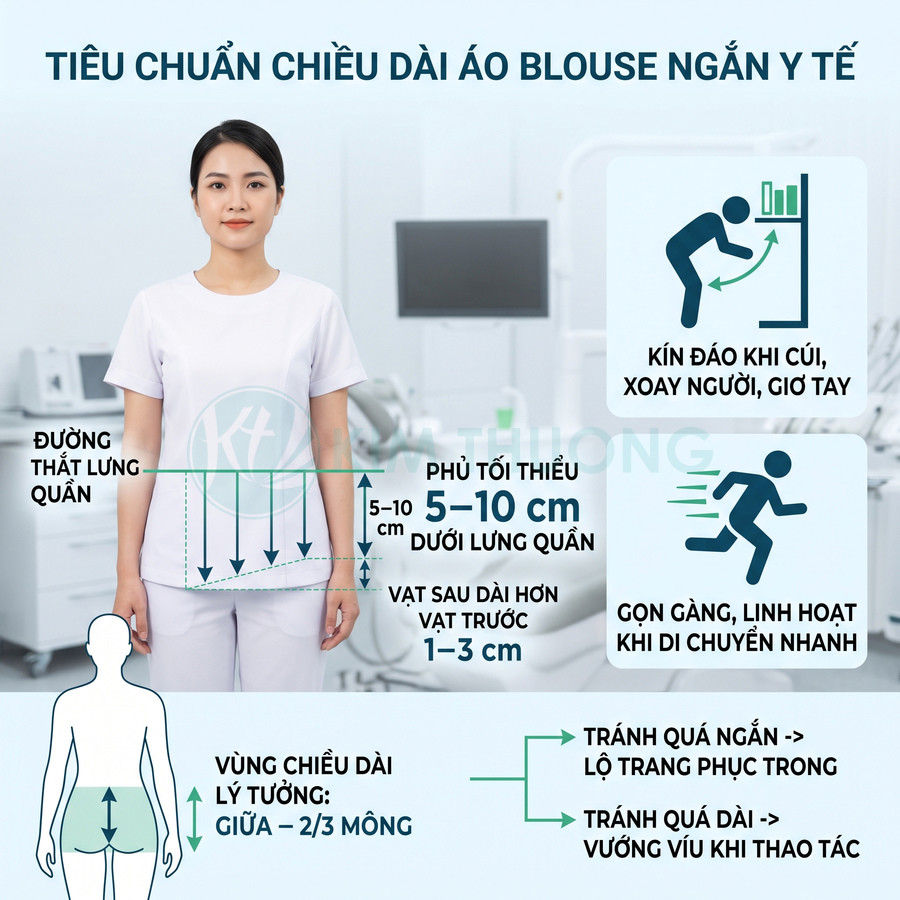 Áo blouse ngắn y tế màu trắng cho nữ nhân viên, chiều dài phủ kín lưng quần, gọn gàng khi làm việc