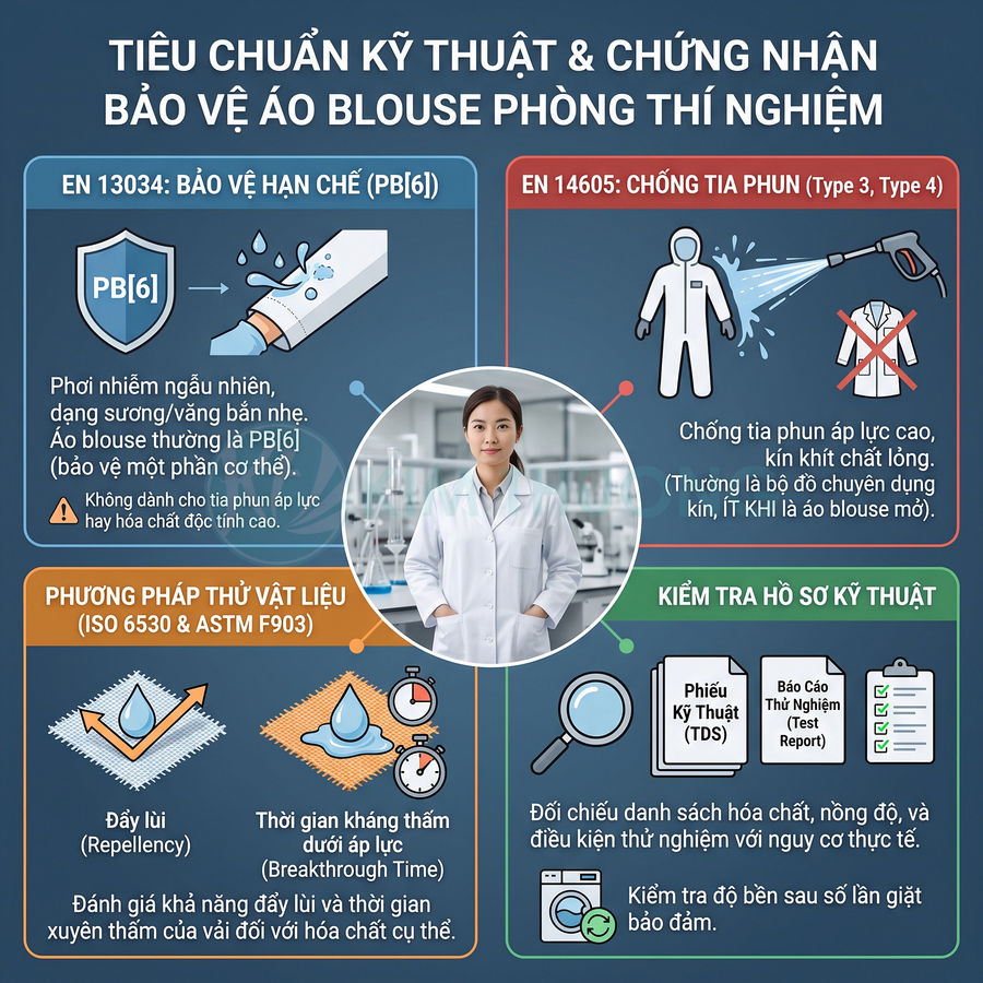 Áo blouse phòng thí nghiệm màu trắng cùng thông tin tiêu chuẩn bảo vệ hóa chất EN 13034 và EN 14605