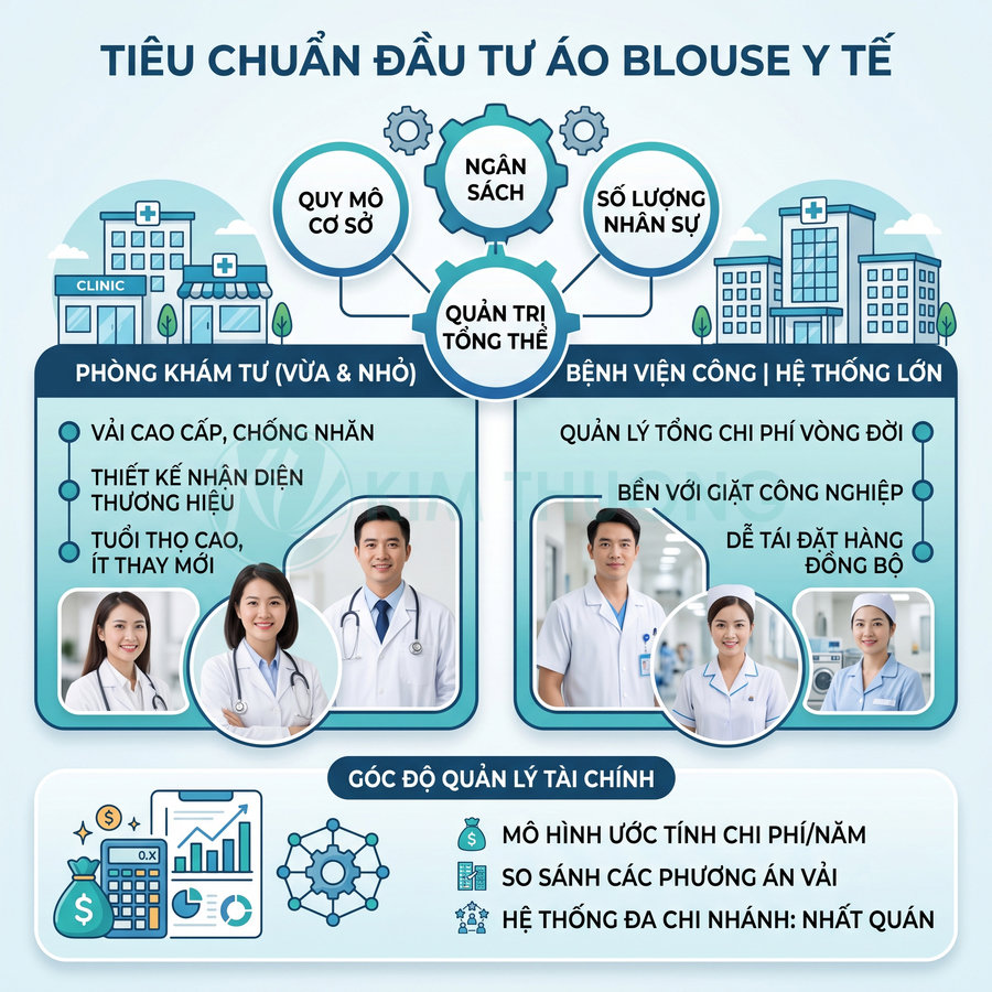 Infographic tiêu chuẩn đầu tư áo blouse y tế cho phòng khám tư và bệnh viện, hình bác sĩ mặc áo blouse trắng