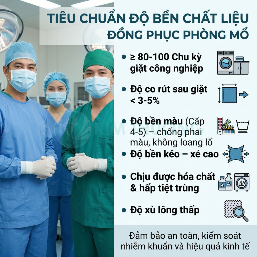 Bộ ba bác sĩ mặc đồng phục phòng mổ màu xanh, khẩu trang và găng tay, giới thiệu tiêu chuẩn độ bền chất liệu