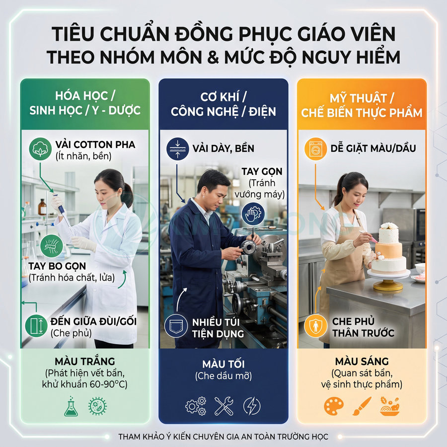 Tiêu chuẩn đồng phục giáo viên cho các nhóm môn hóa sinh, cơ khí công nghệ điện và mỹ thuật chế biến thực phẩm