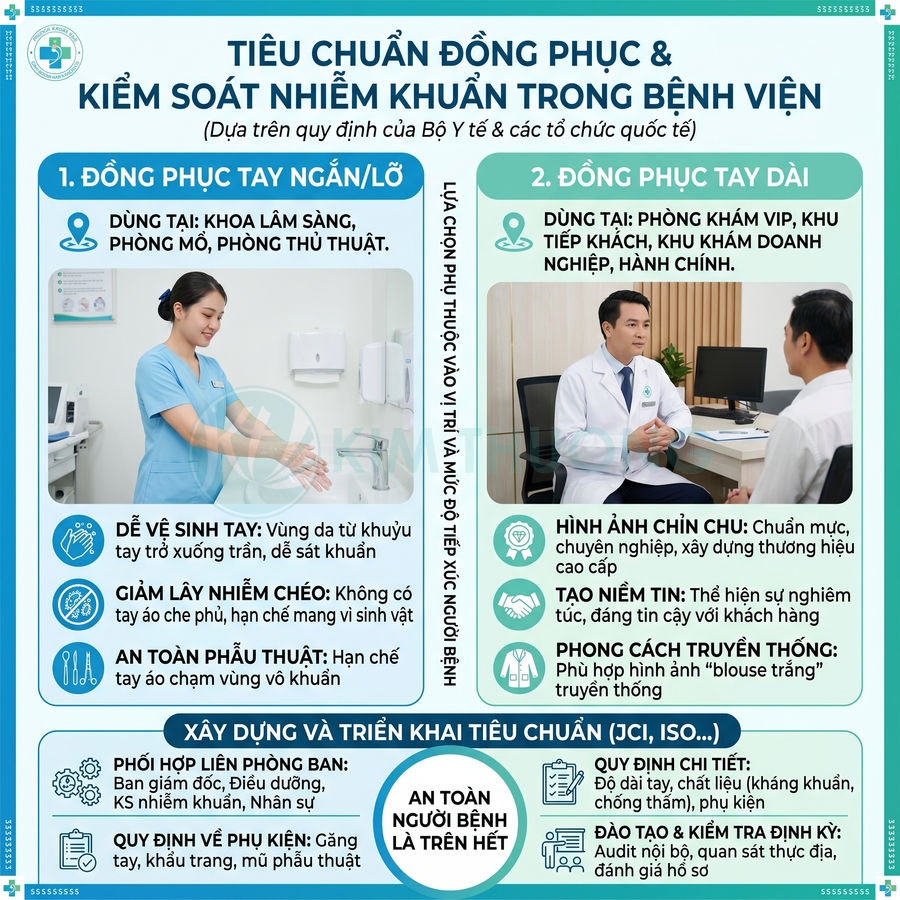 Infographic tiêu chuẩn đồng phục y tế tay ngắn và tay dài giúp kiểm soát nhiễm khuẩn trong bệnh viện