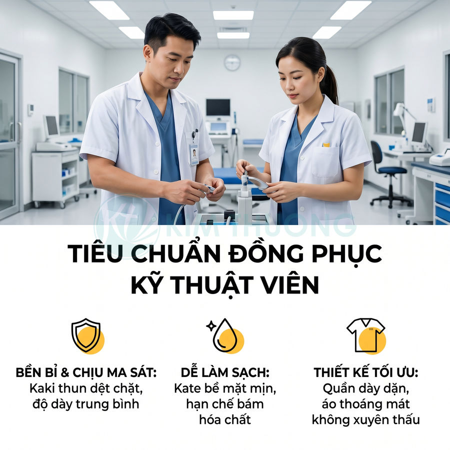 Đồng phục kỹ thuật viên phòng thí nghiệm với áo blouse trắng và đồ bảo hộ màu xanh chuyên nghiệp