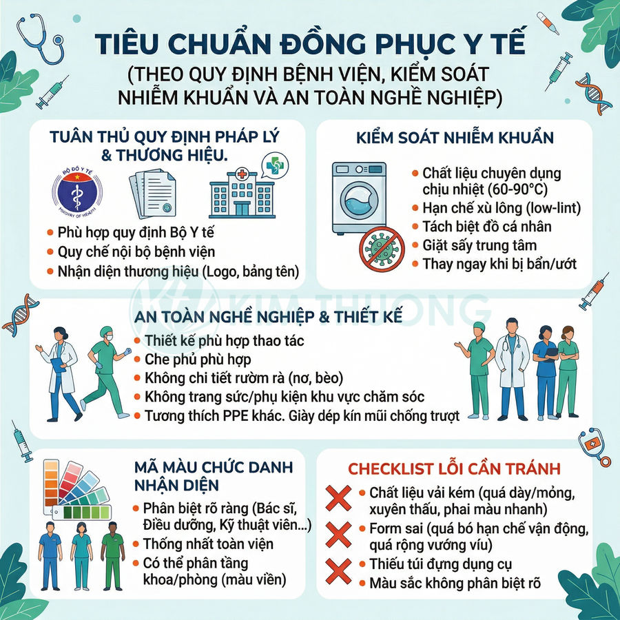 Tiêu chuẩn đồng phục y tế với hình minh họa bác sĩ, điều dưỡng và các yêu cầu về chất liệu, thiết kế, kiểm soát nhiễm khuẩn